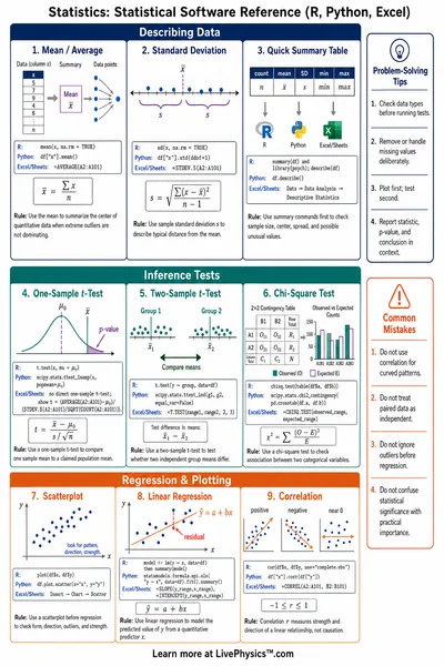 Statistical Software Reference (R, Python, Excel)