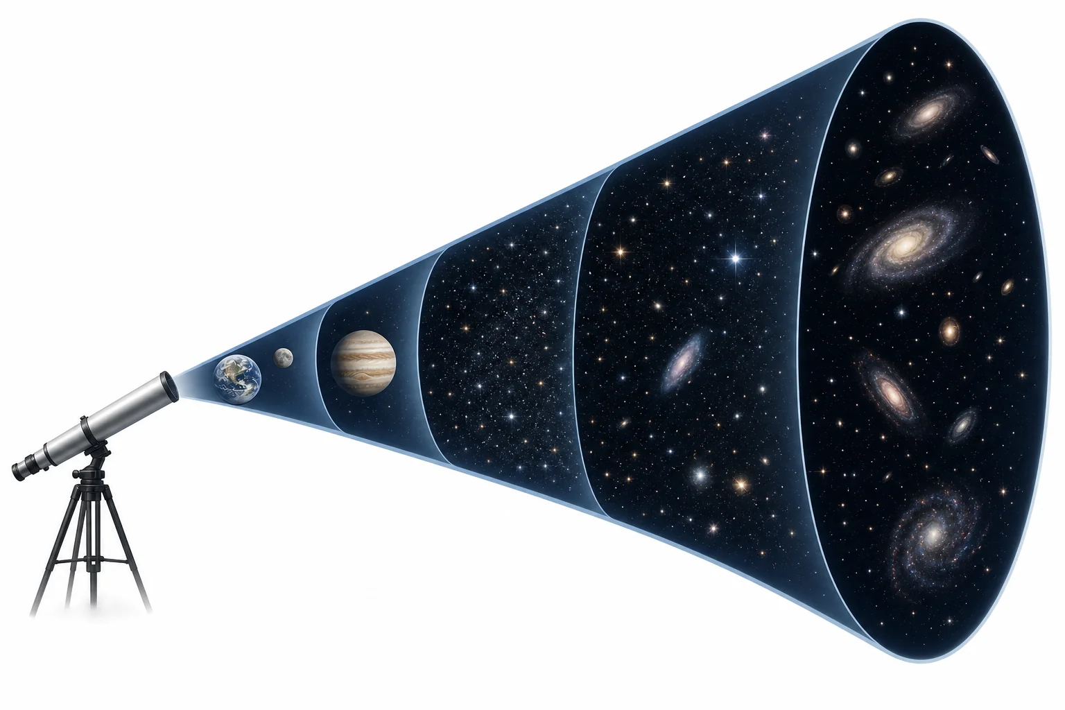 A scale illustration showing Earth, the solar system, the Milky Way, galaxy clusters, and the edge of the observable universe.
