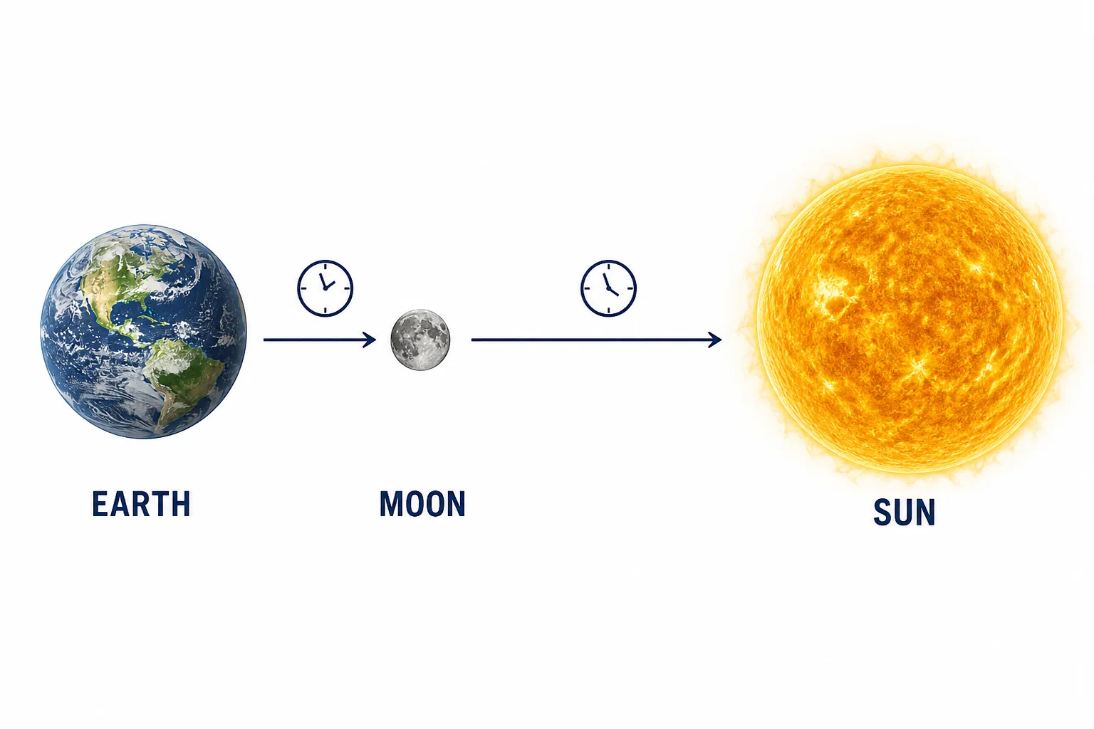 A scale ladder from Earth to the Moon to the Sun, with light travel times shown for each step.