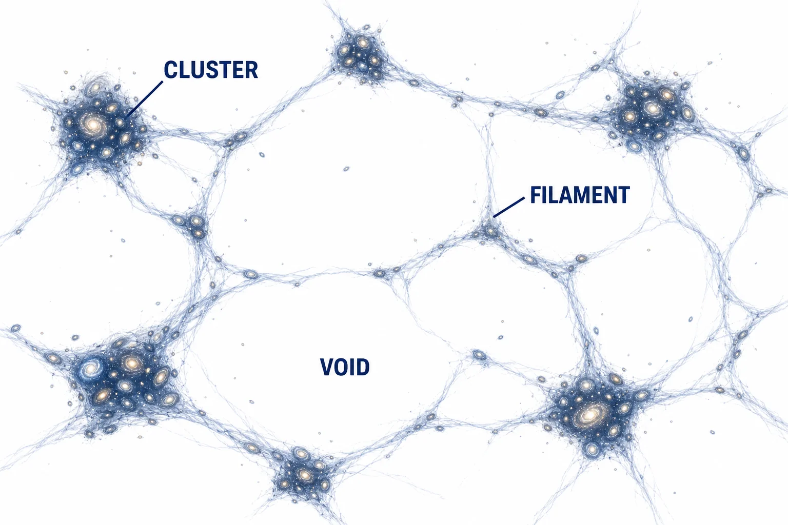 A cosmic web diagram showing galaxy clusters connected by filaments with large empty voids between them.