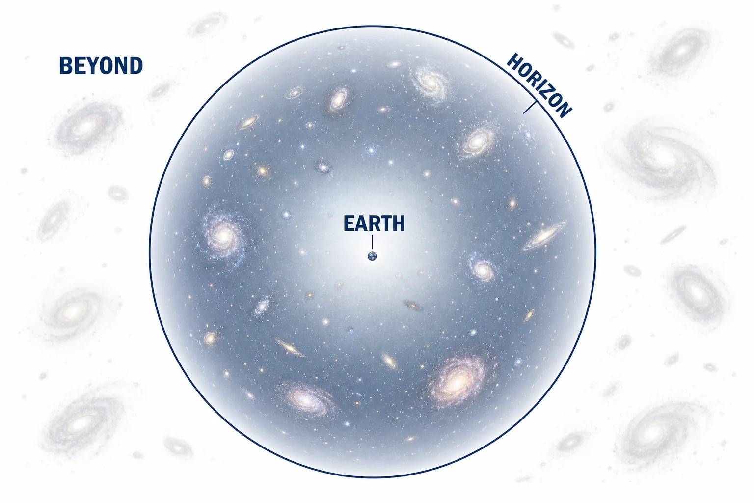 A diagram of the observable universe as a sphere around Earth, with a horizon marking the farthest light we can receive.