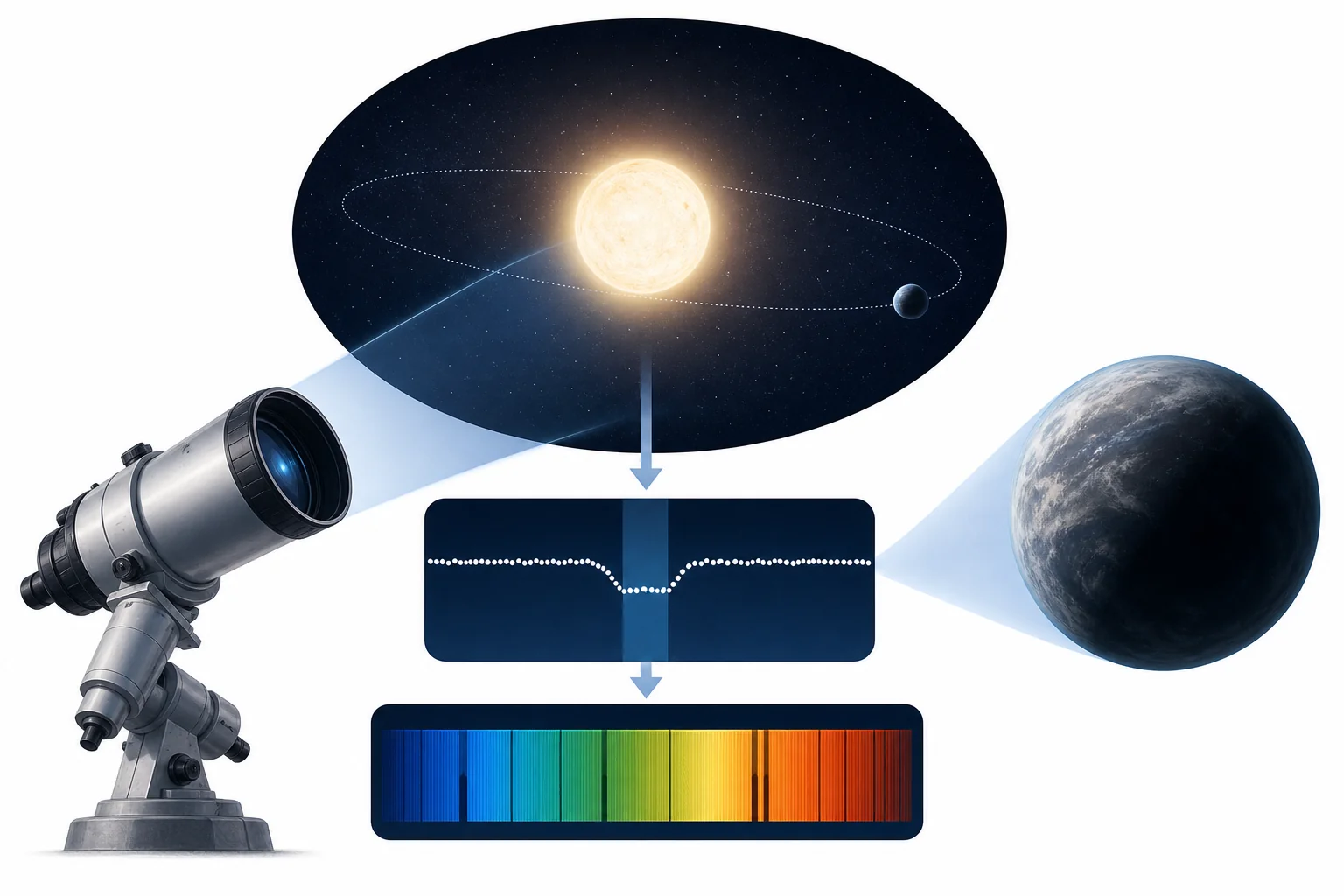 Diagram of a distant star with an orbiting planet and small measurement signals used to detect the planet from far away.
