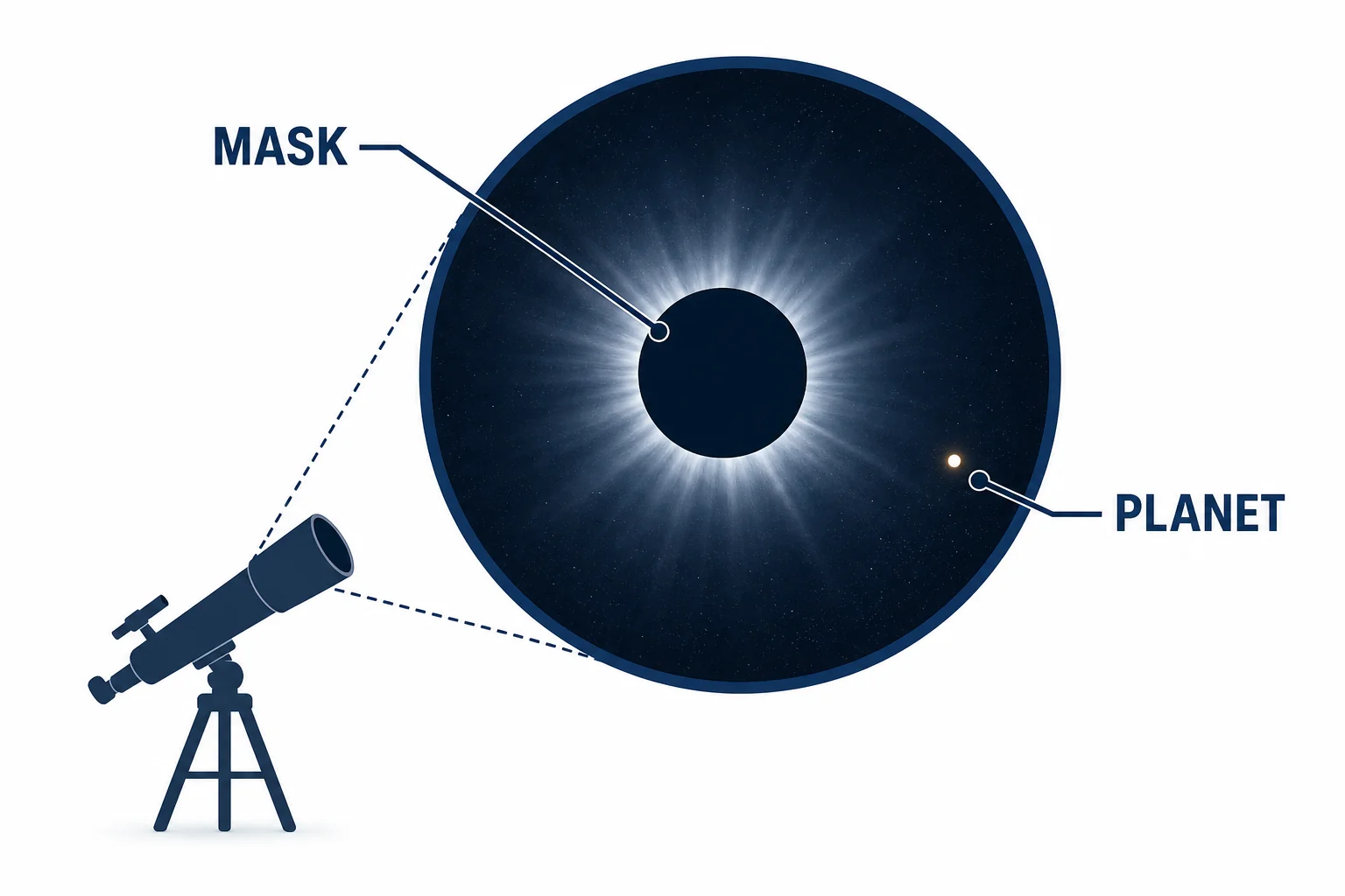 A telescope view where a star is blocked by a dark disk, revealing a faint planet far from the star.
