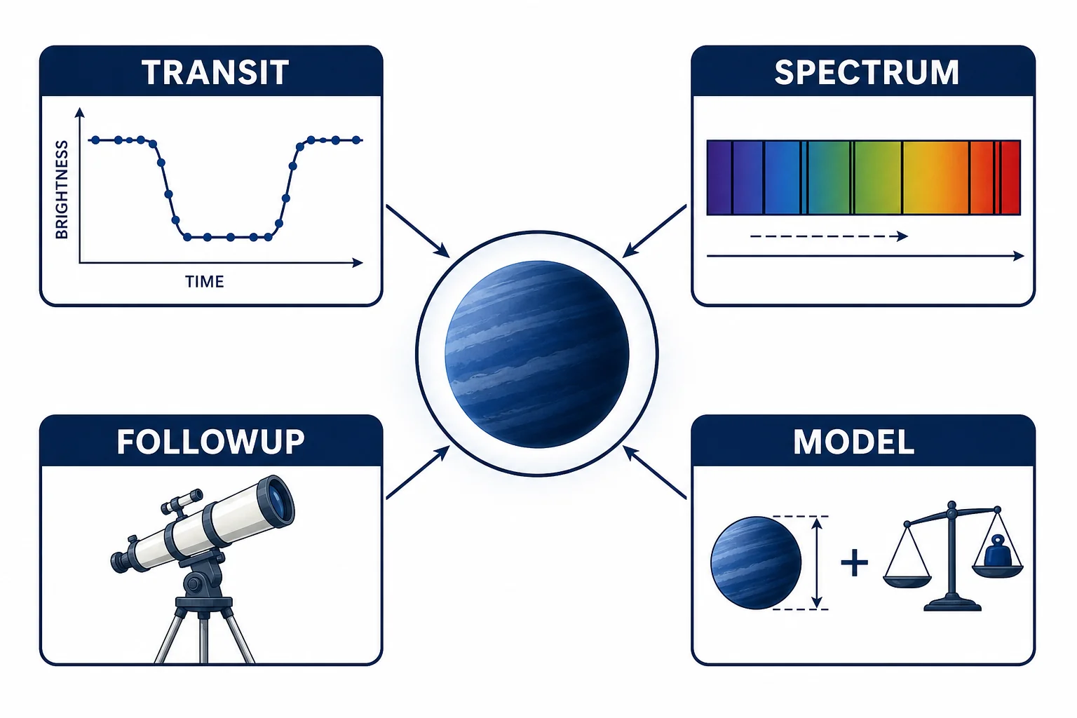 Multiple evidence cards showing a light curve, spectrum shift, telescope follow-up, and planet model leading to a confirmed exoplanet.
