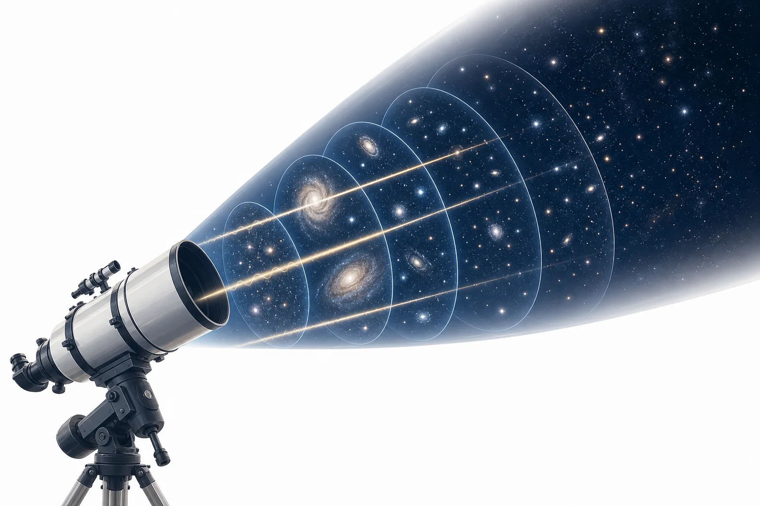 A space telescope collecting light from nearby planets, distant stars, and far galaxies, showing that farther objects are seen as they were longer ago