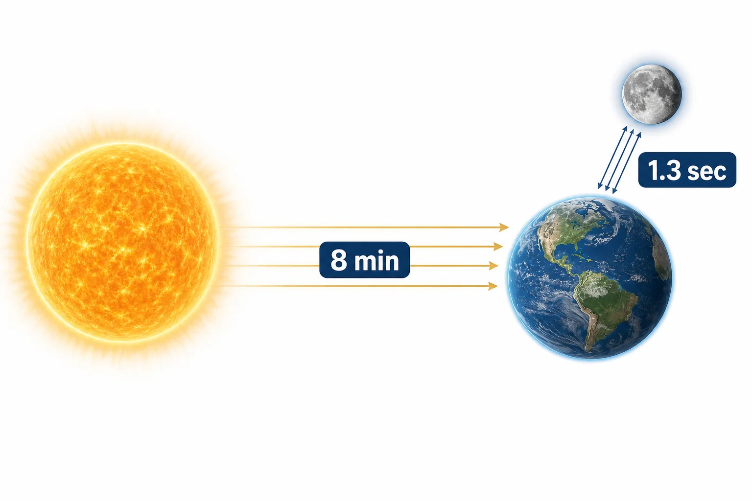 A diagram showing light traveling from the Sun to Earth and from the Moon to Earth with short travel times marked
