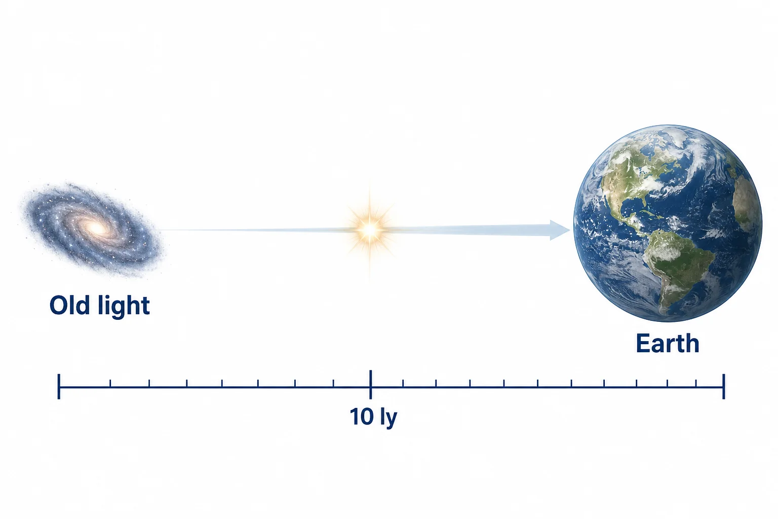 A scale diagram with Earth, a nearby star, and a distant galaxy, showing that farther objects have older arriving light