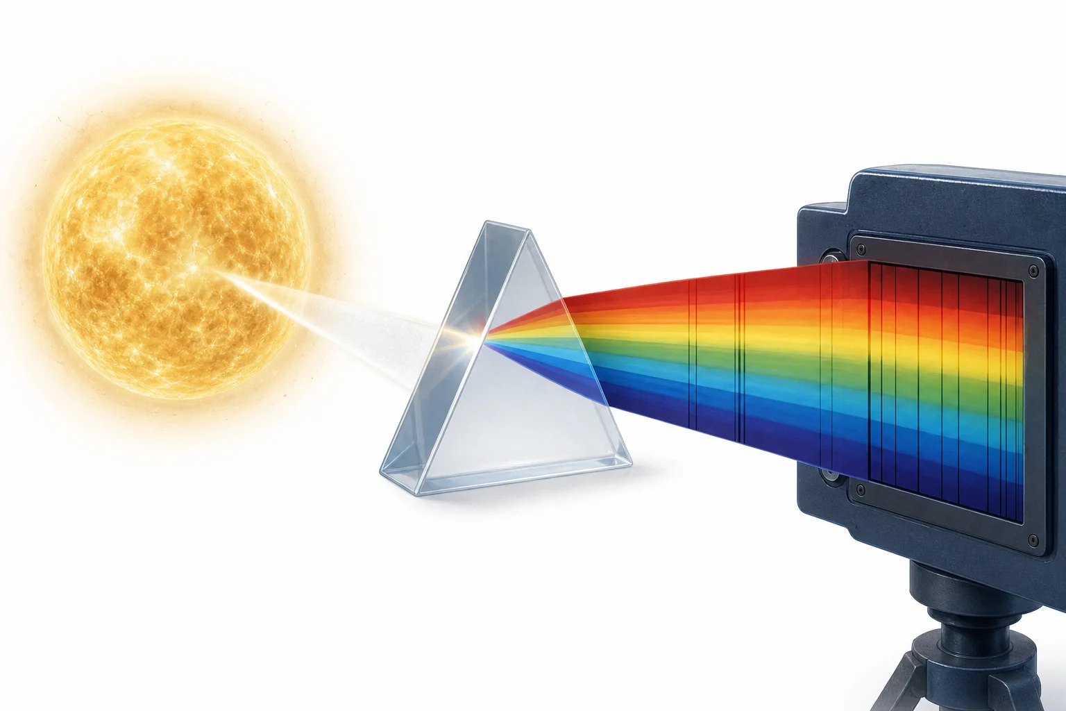 A prism spreads starlight into a spectrum with dark absorption lines that can be compared with element patterns.