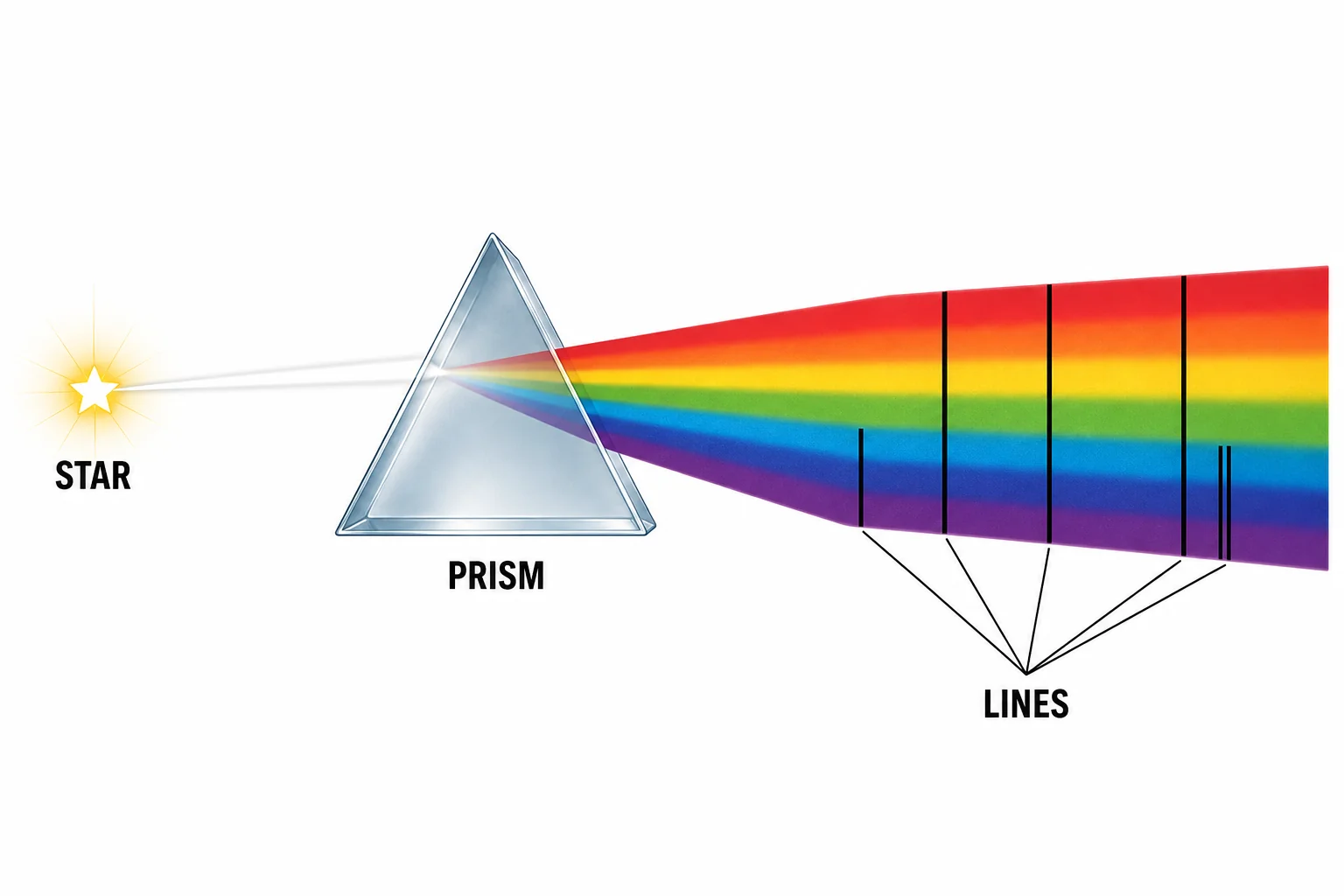 A beam of starlight passes through a prism and spreads into a spectrum with several thin dark absorption lines.