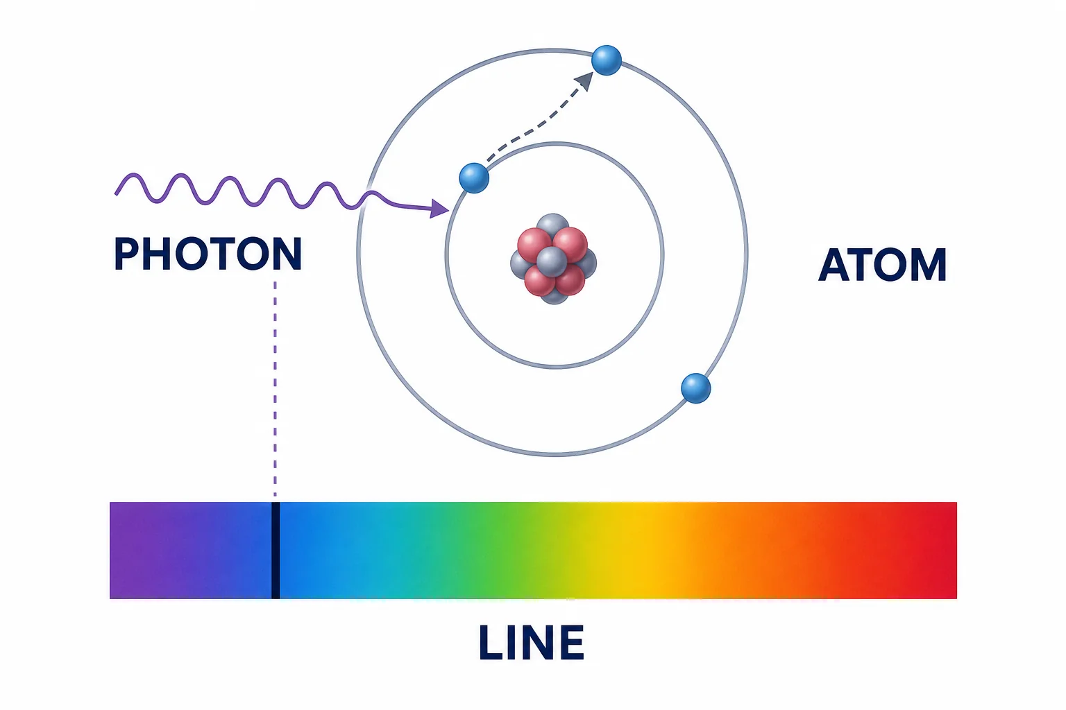 A simple atom absorbs a photon that matches an electron energy jump, with a spectrum line shown below.