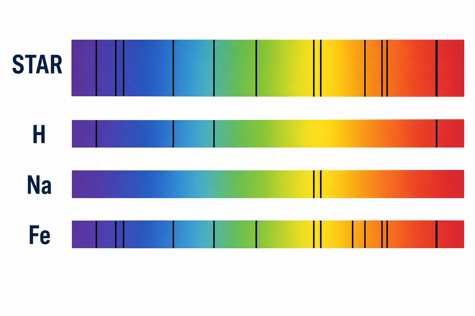 A star spectrum is compared with reference line patterns for hydrogen, sodium, and iron.