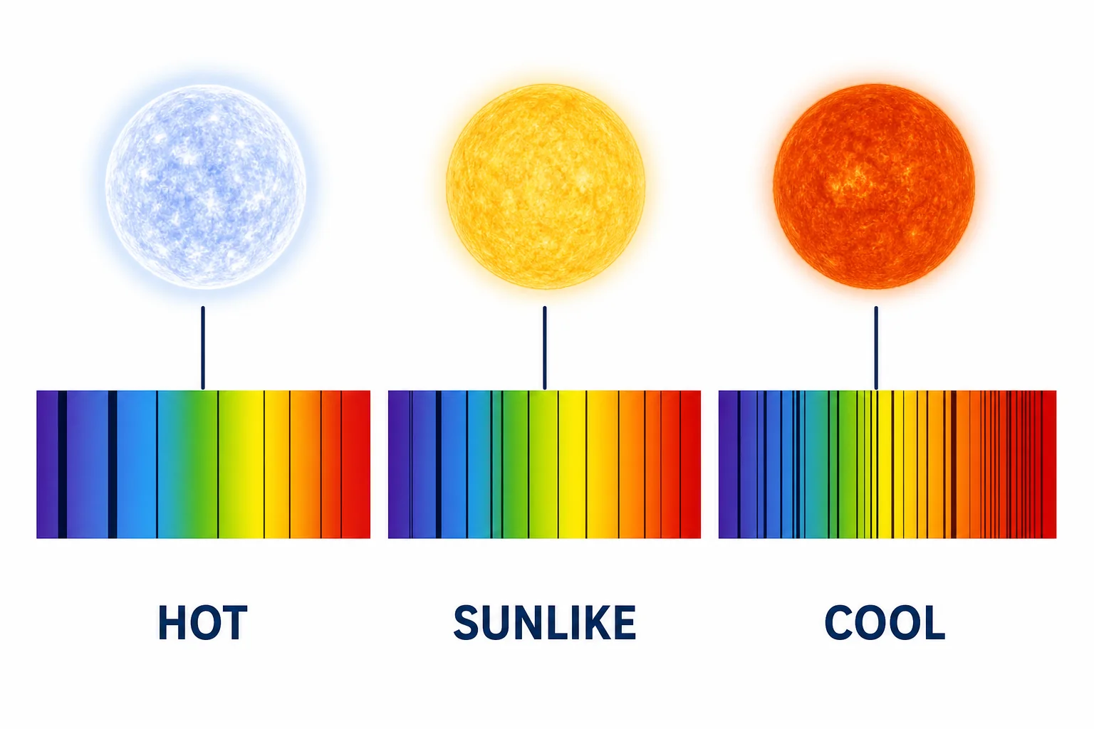 Three stars of different temperatures show spectra with different absorption line strengths.