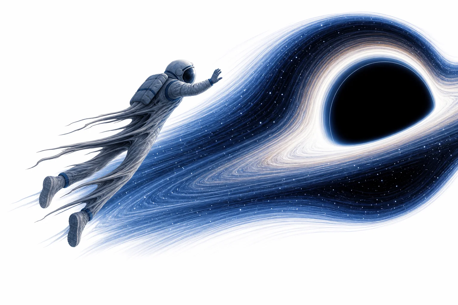 A diagram of a person falling toward a black hole, with the event horizon marked and distant starlight bent around the black hole