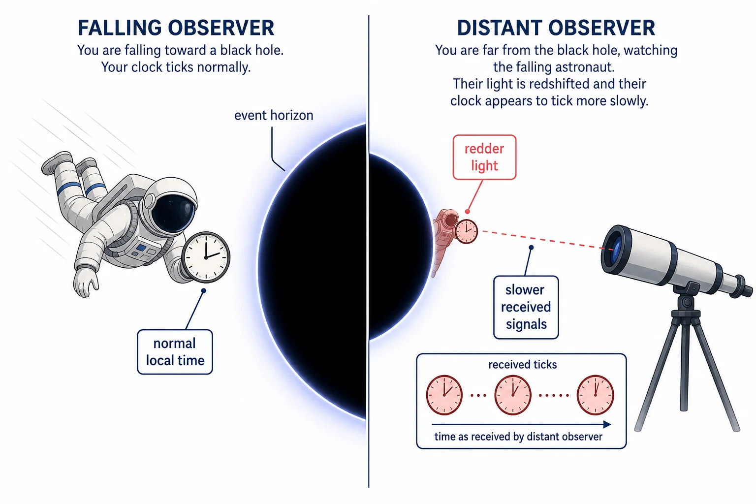 A split diagram comparing the falling person's clock with a distant observer's view of the person fading near the event horizon