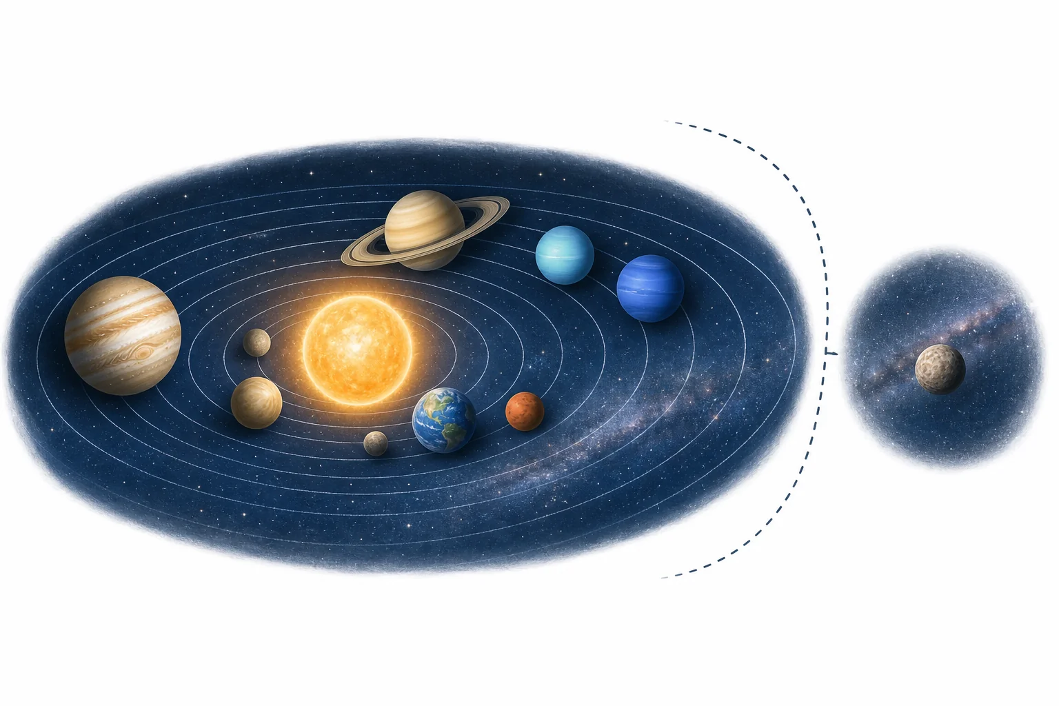 The Sun with eight planets in order, plus Pluto shown separately as a dwarf planet beyond Neptune