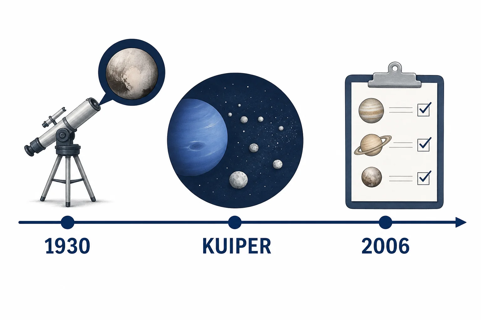 Timeline showing Pluto discovered in 1930, new icy worlds found beyond Neptune, and Pluto reclassified in 2006