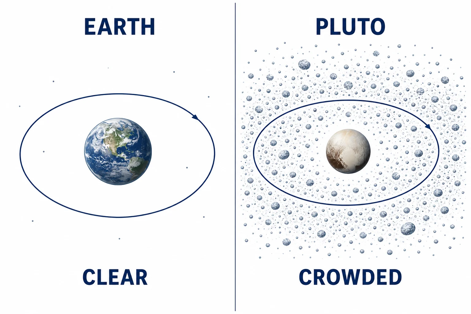 Comparison showing Earth in a mostly clear orbit and Pluto moving among many icy Kuiper Belt objects