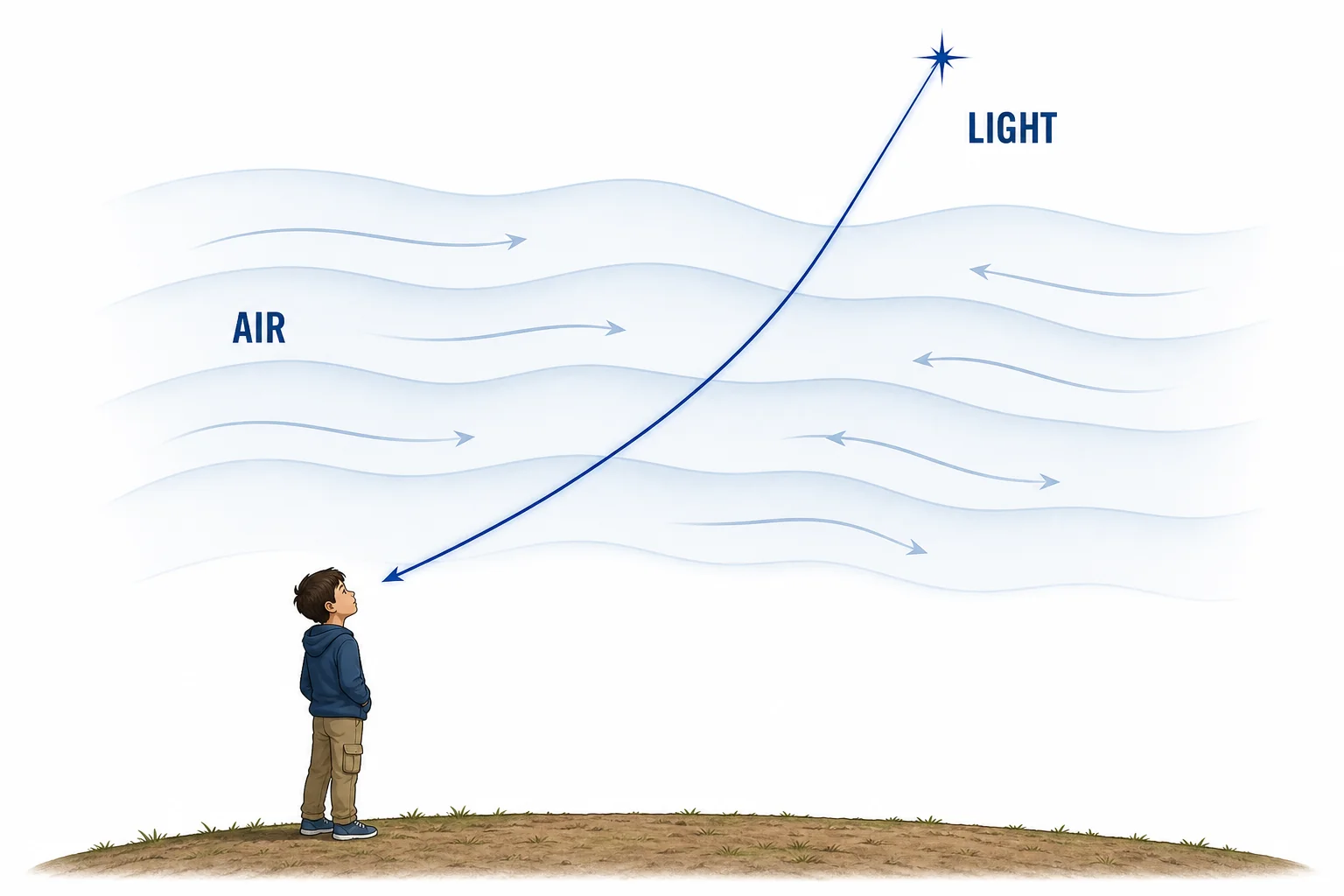 Layers of moving warm and cool air bend a narrow beam of starlight before it reaches an observer on Earth.