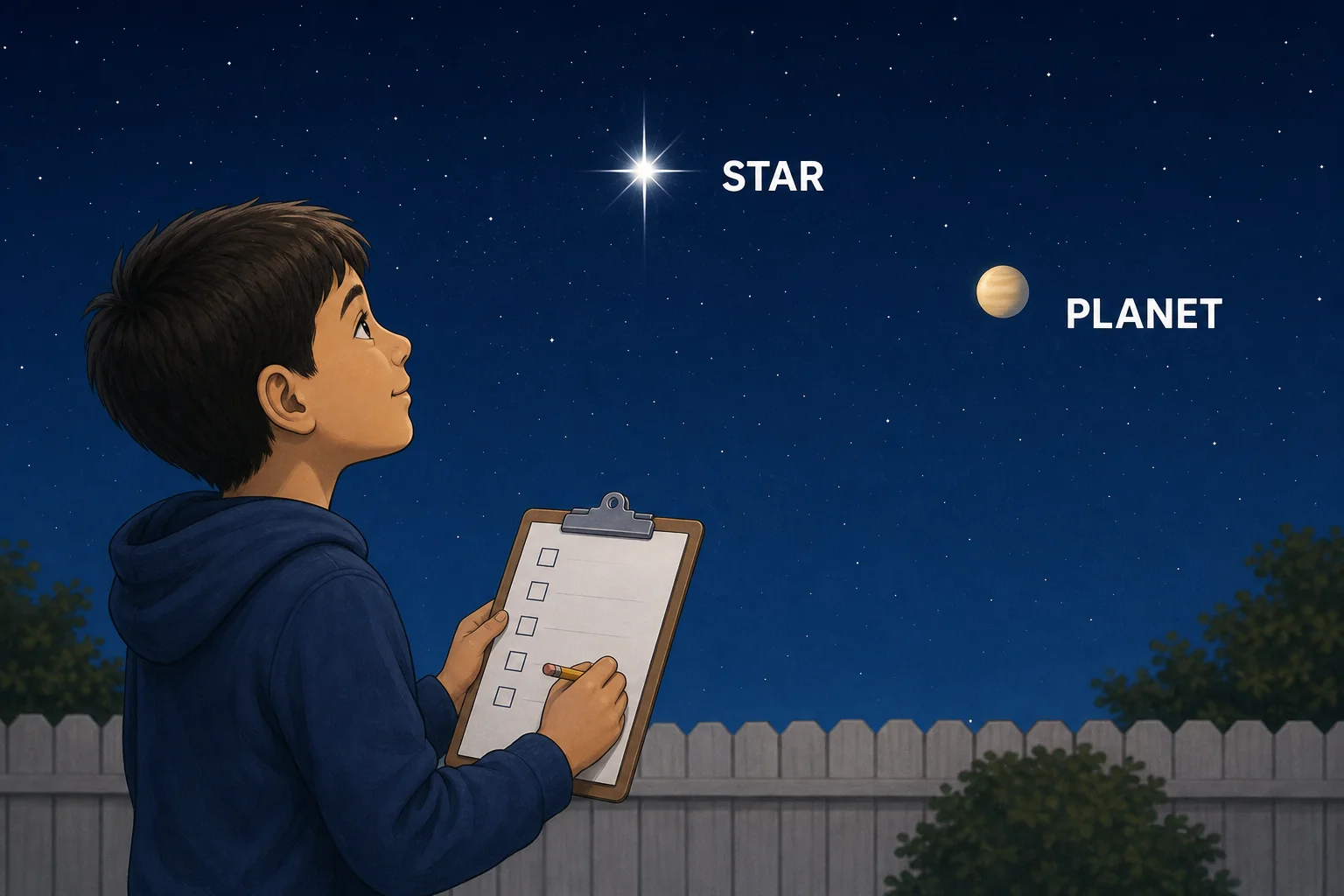 A student compares bright sky objects from a backyard and records whether each object looks steady or twinkly.