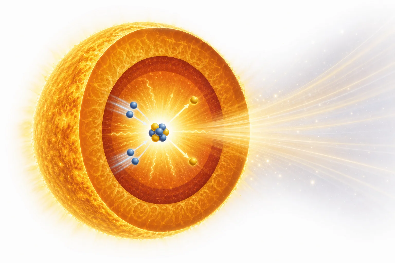 Cutaway diagram of the Sun showing the hot core where energy is made and light traveling outward to space