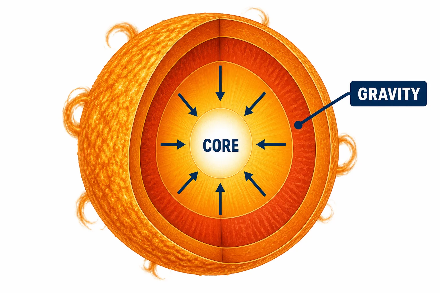 Cross section of the Sun showing outer gas layers pressing inward toward a very hot dense core
