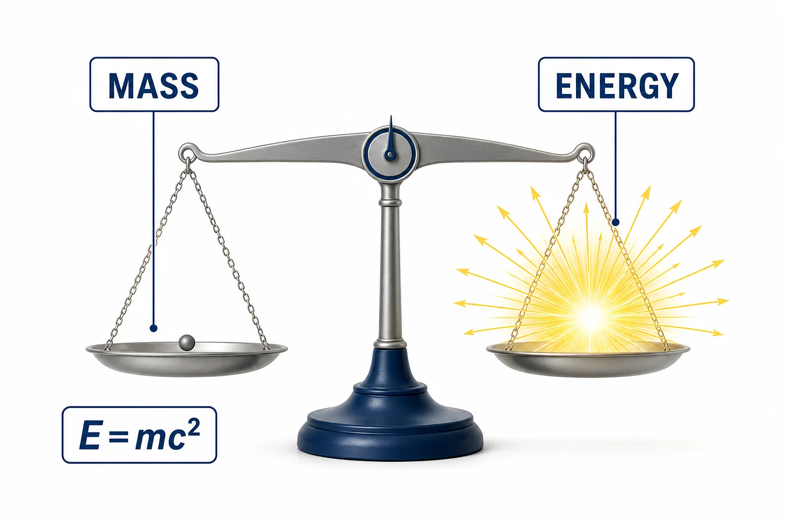 Intuitive diagram showing a tiny missing mass from fusion becoming a much larger burst of energy