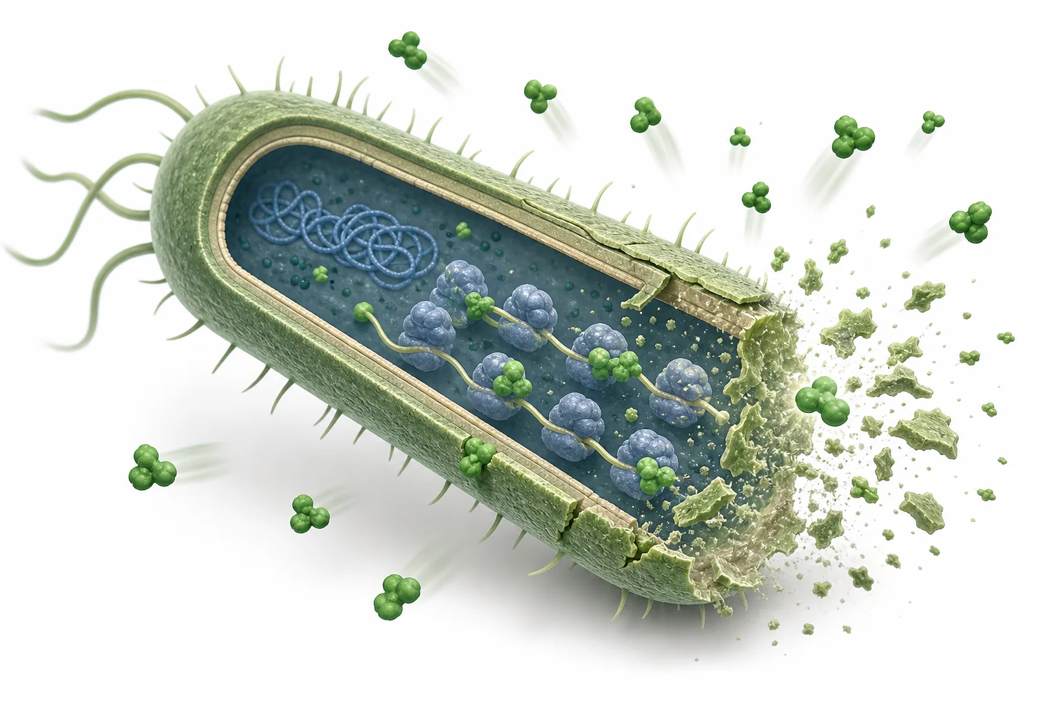 Diagram of several bacteria being affected by antibiotics that target cell walls, ribosomes, and DNA copying.