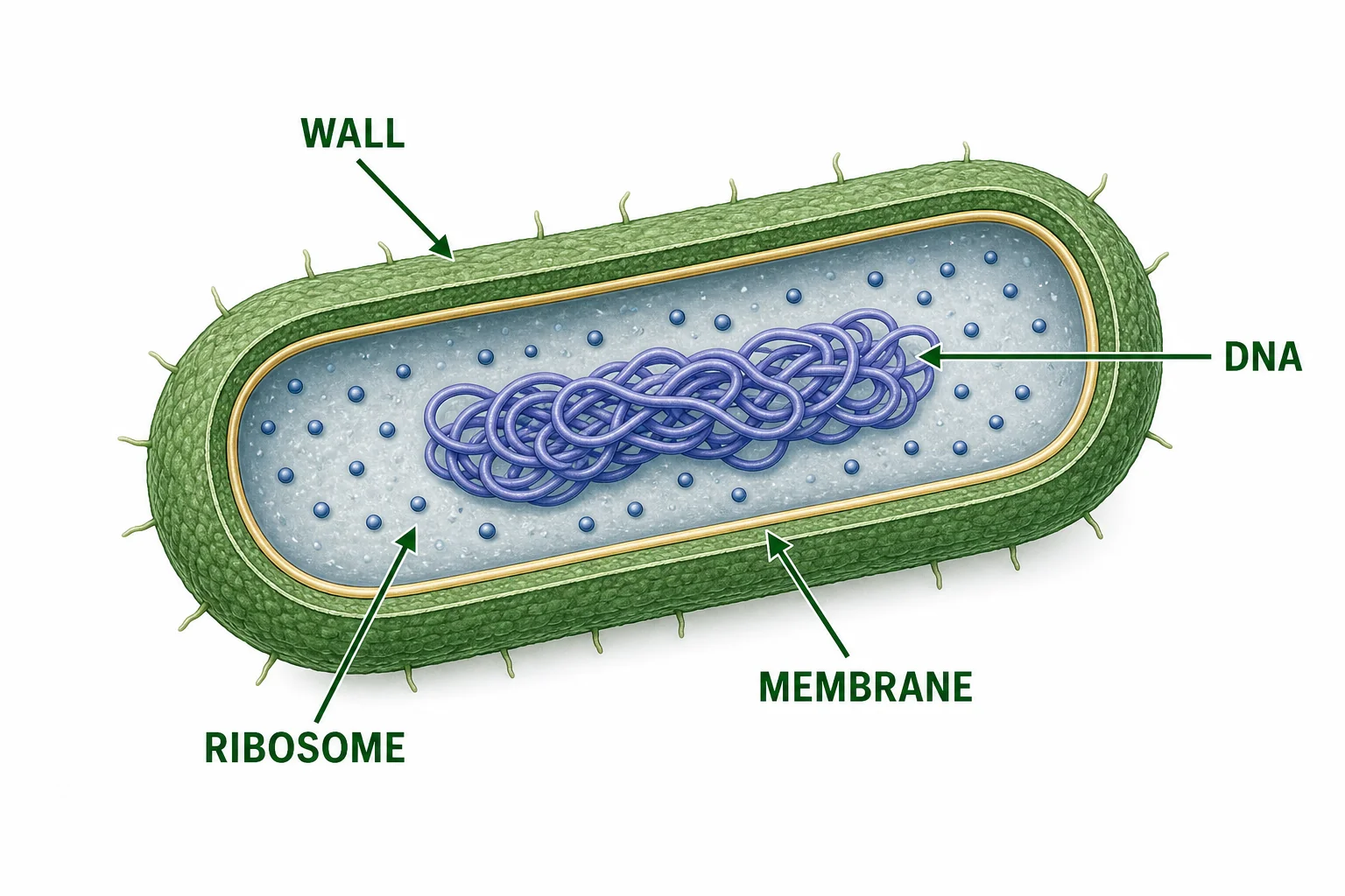 Labeled cutaway diagram of a bacterial cell showing the cell wall, membrane, ribosomes, and DNA as possible antibiotic targets.