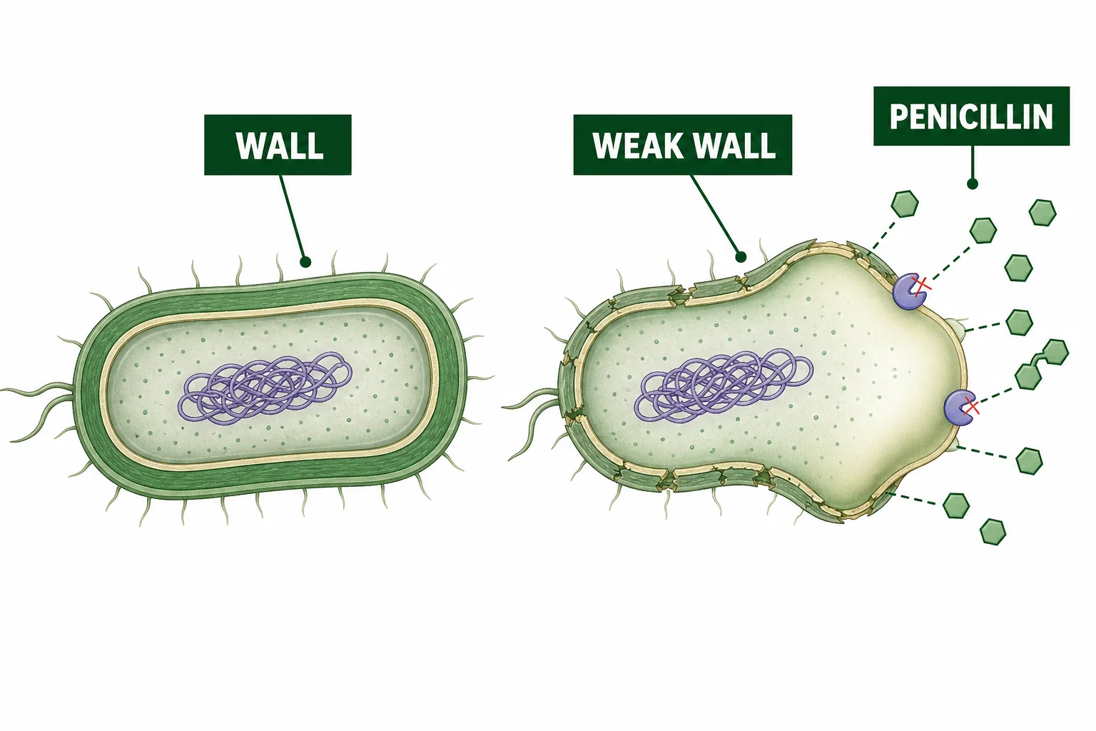 Diagram showing penicillin blocking bacterial cell wall construction and a weakened bacterium swelling.