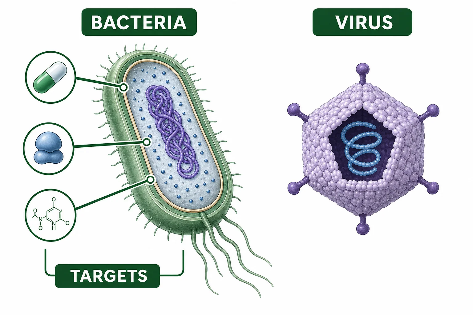 Side-by-side comparison of a bacterium with cell structures and a virus particle without ribosomes or a cell wall.