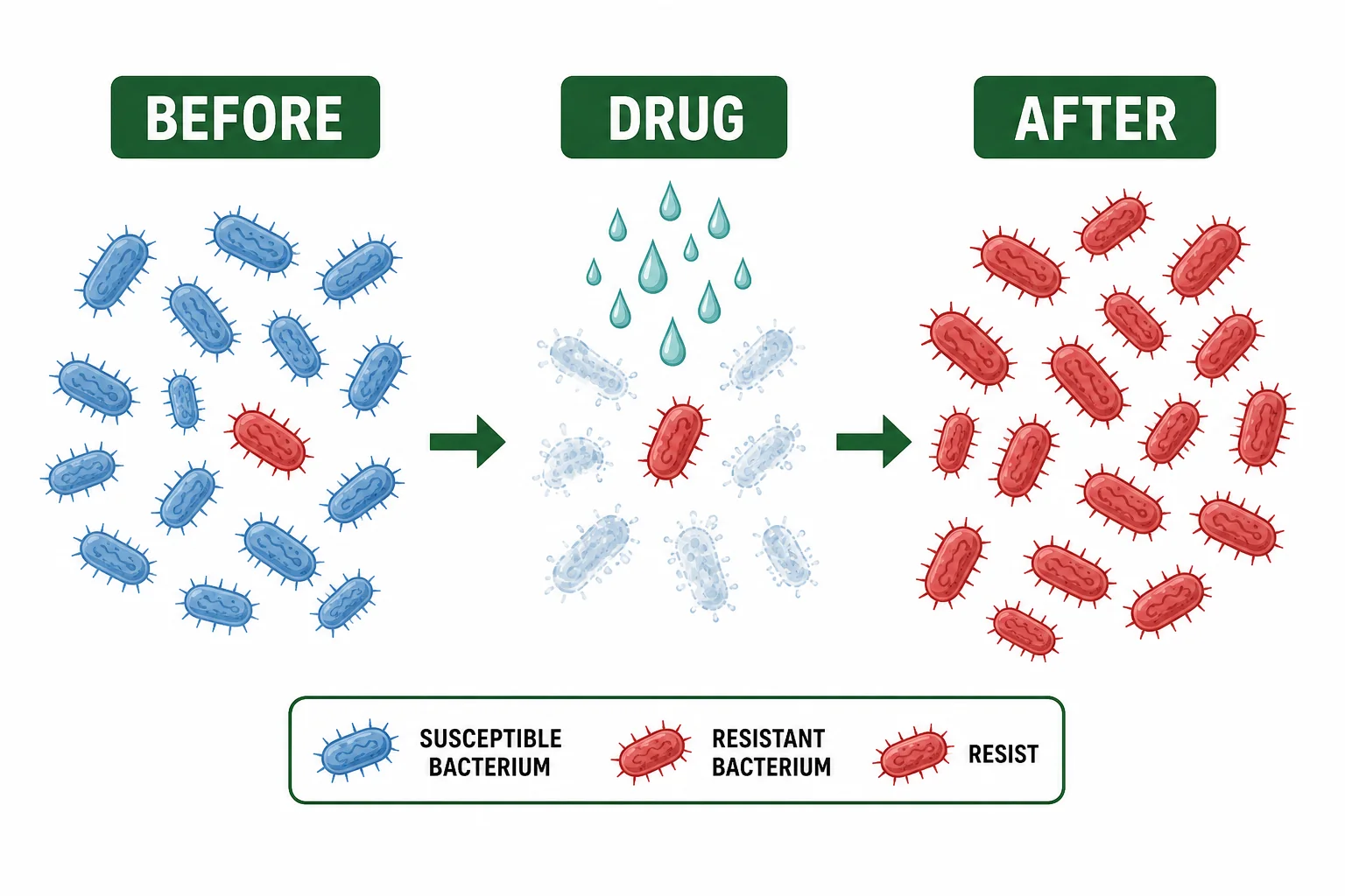 Sequence showing susceptible bacteria dying after antibiotic exposure while resistant bacteria survive and multiply.