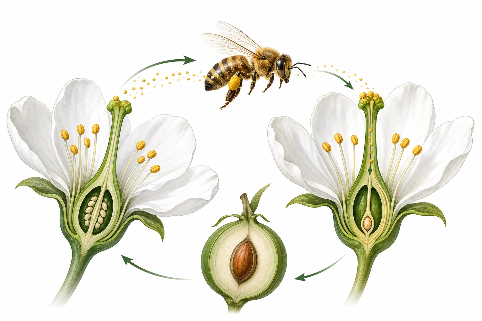 A bee visiting a flower while pollen grains stick to its body, showing how pollen can move between flowers.