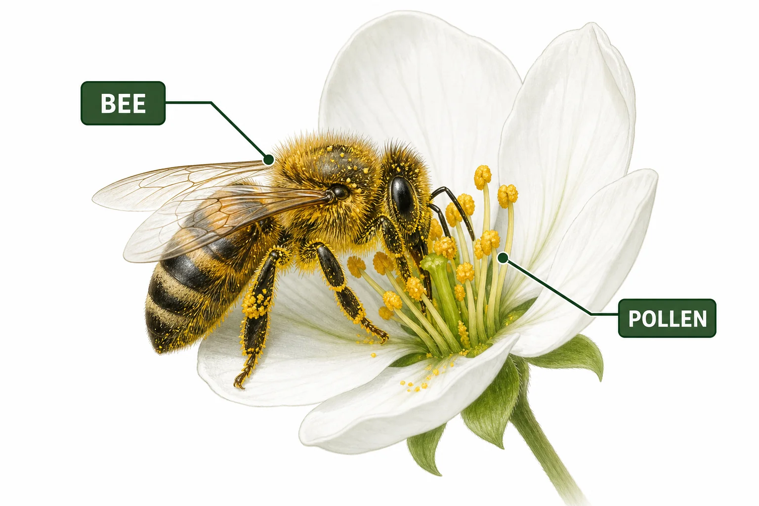 A bee entering a flower while yellow pollen grains stick to hairs on its body.