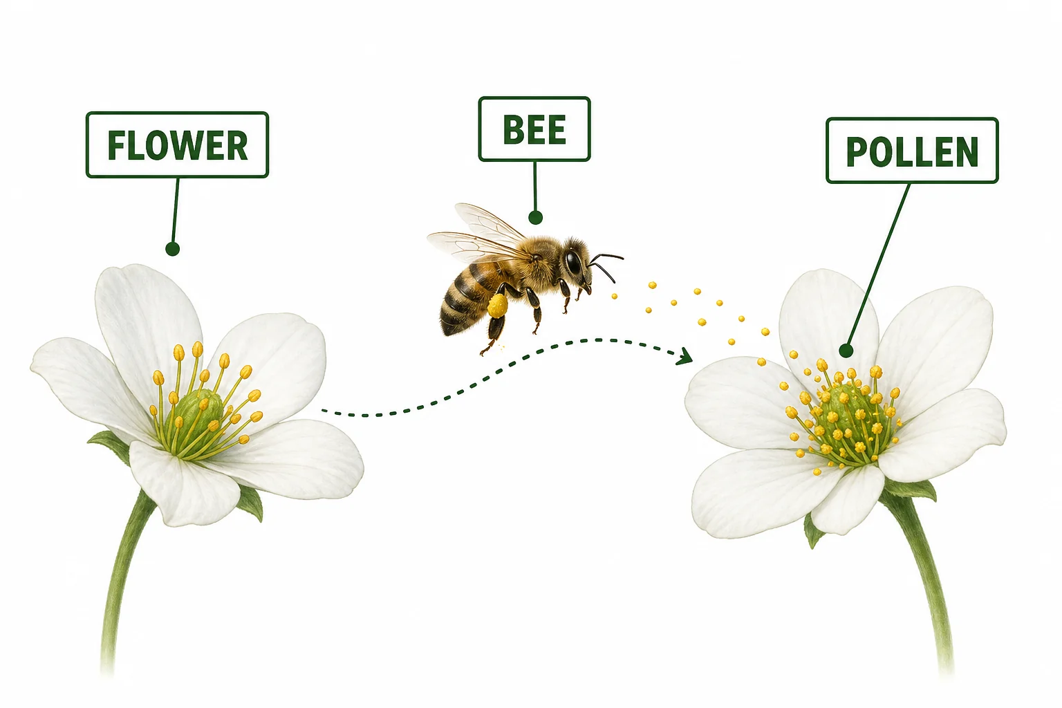 A bee flying from one flower to another while pollen grains transfer to the second flower.