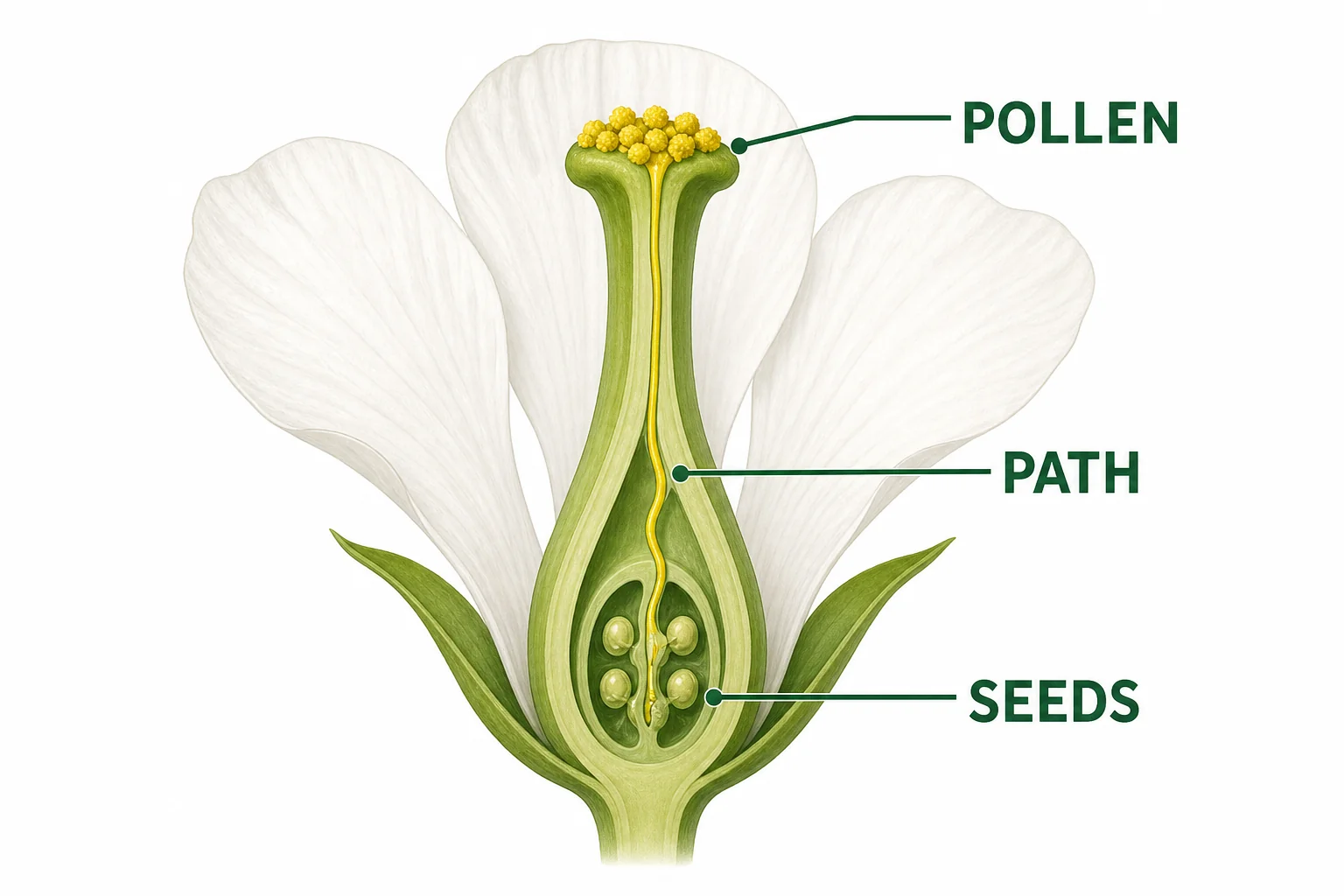 A cutaway flower showing pollen reaching the inner seed-forming area where small seeds begin.