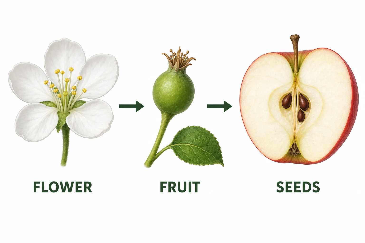A sequence showing a flower changing into a small fruit and then a ripe fruit with seeds inside.