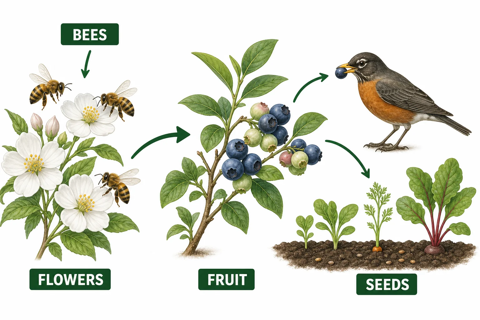 A simple ecosystem scene showing bees visiting flowers near fruits, birds, and a garden to show the wider effects of pollination.