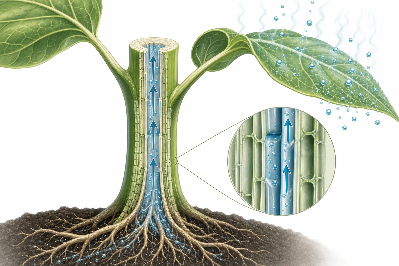 A plant showing water entering roots, moving up the stem, and leaving through leaf openings