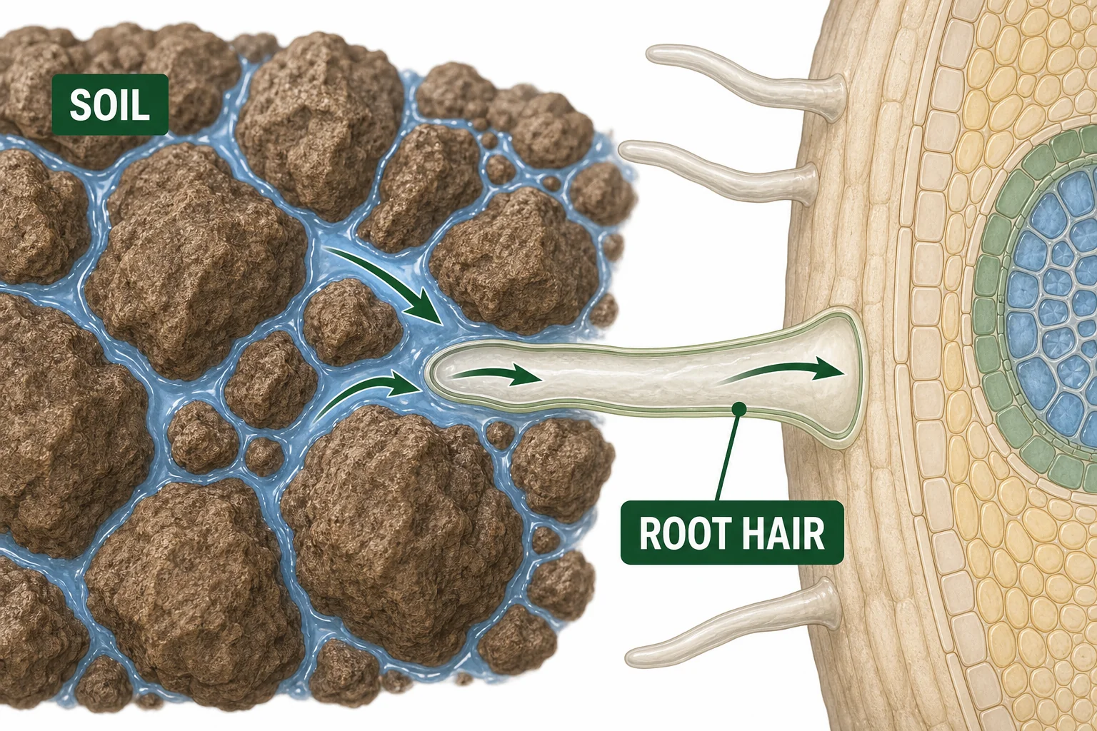 Close view of root hairs touching damp soil particles and water droplets moving into the root