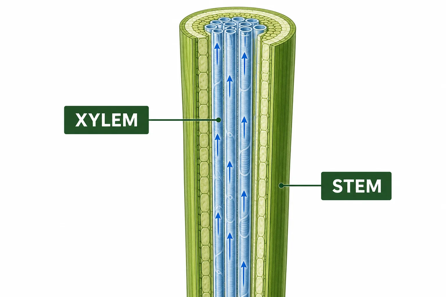 Cutaway of a plant stem showing long xylem tubes carrying water upward