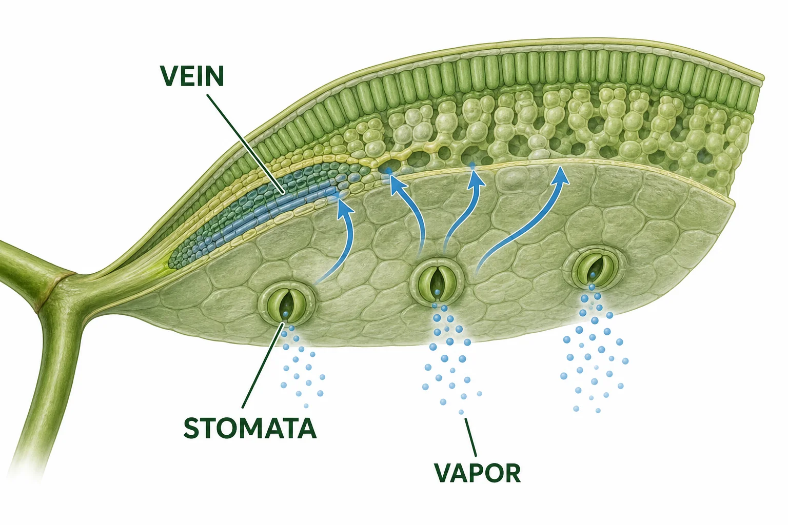 Leaf cross section showing water vapor leaving stomata and water being pulled toward the leaf