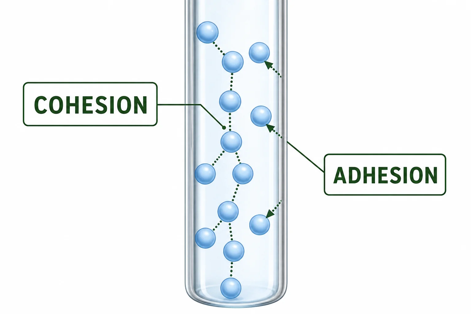 Magnified xylem tube showing water molecules sticking to each other and to the tube wall