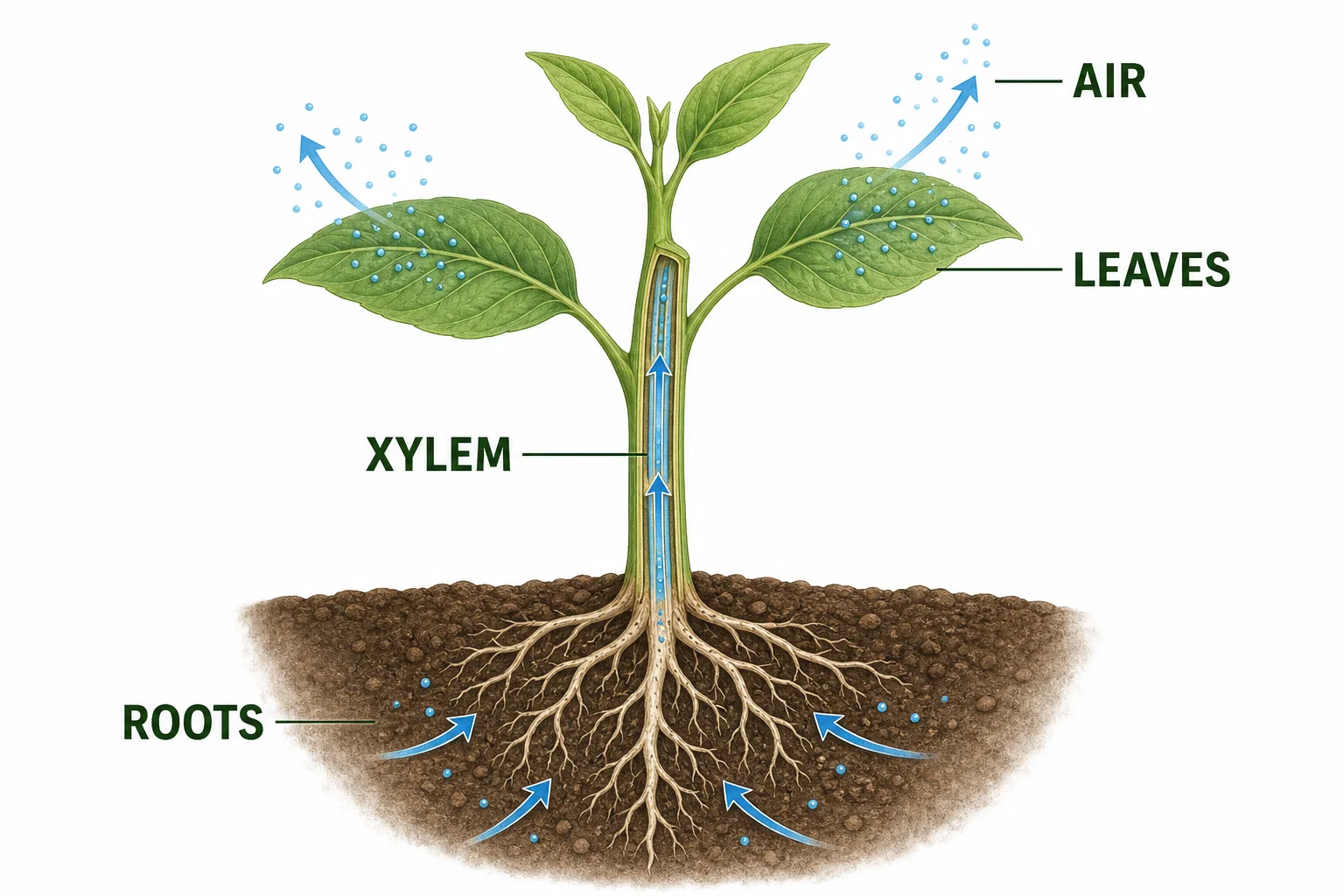 Whole plant diagram showing water entering roots, moving up xylem, and leaving leaves as vapor