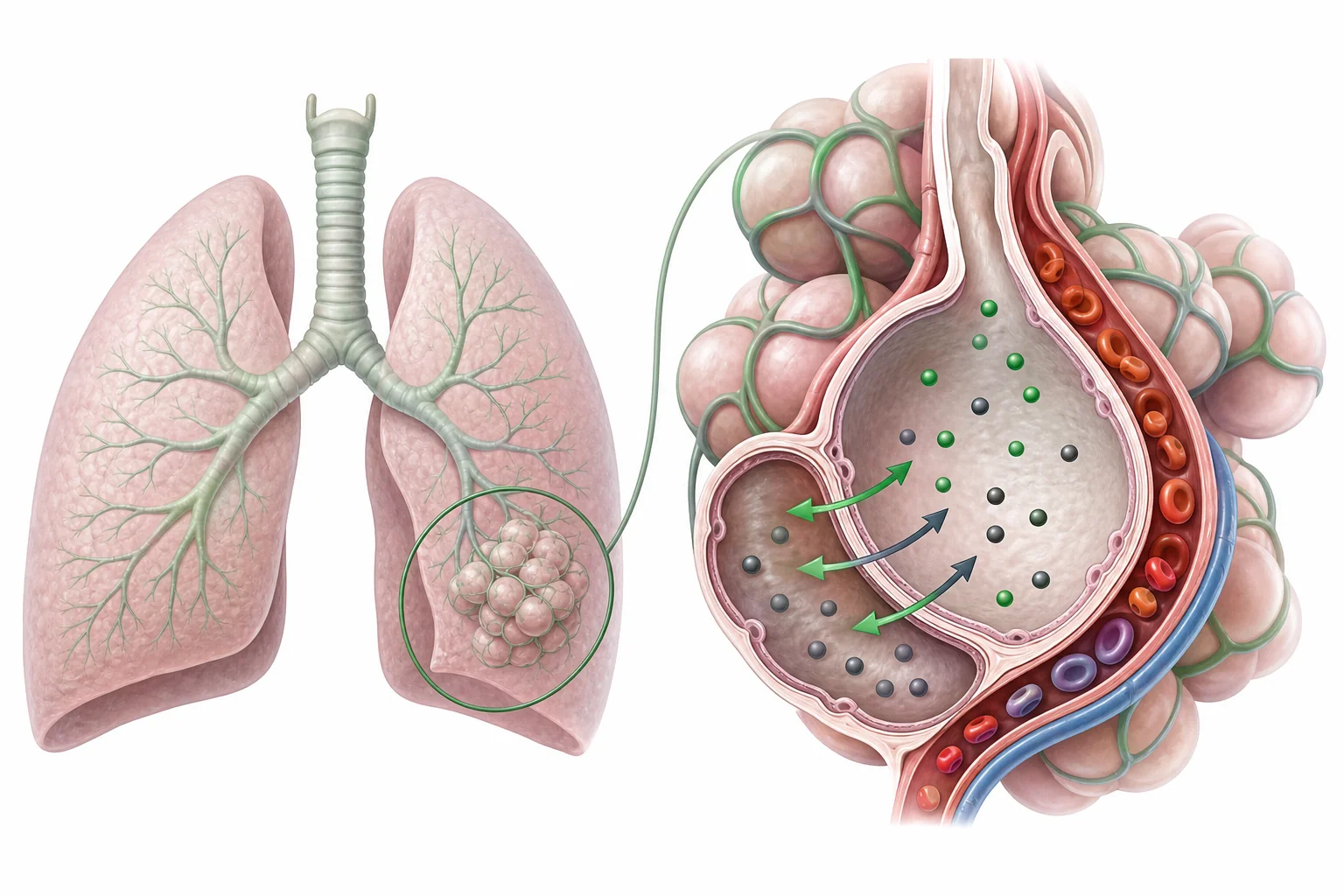 Diagram of lungs branching into tiny air sacs with nearby blood vessels where oxygen enters blood and carbon dioxide leaves blood