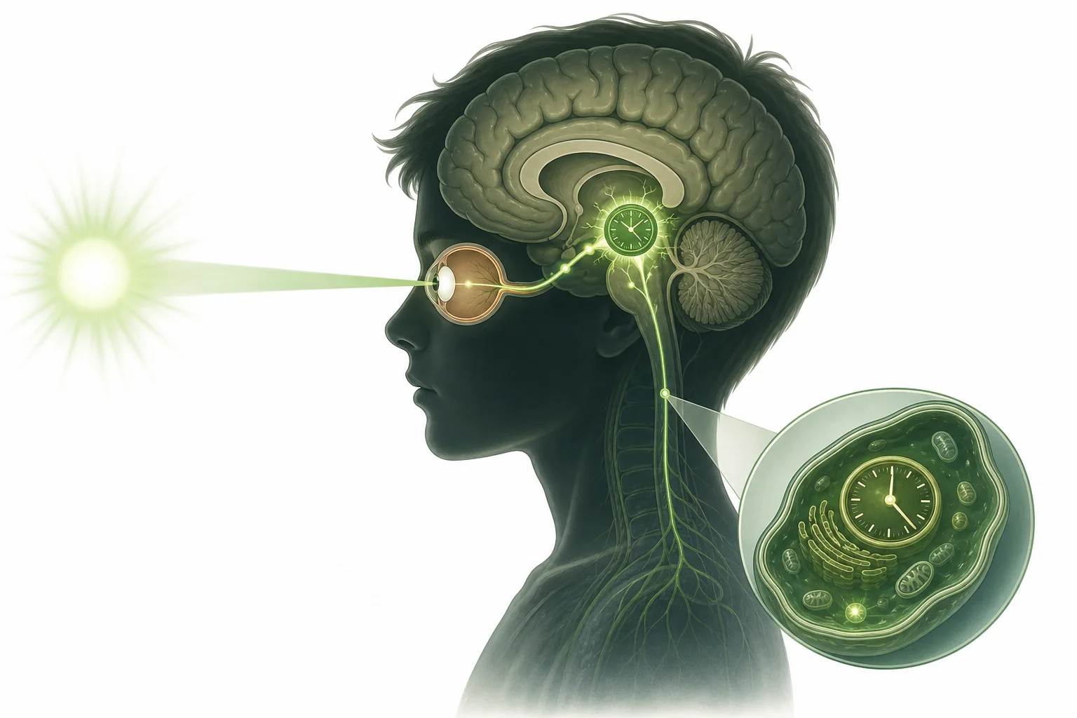 Diagram showing light entering the eye, signals reaching the brain clock, and daily body rhythms such as sleep and temperature