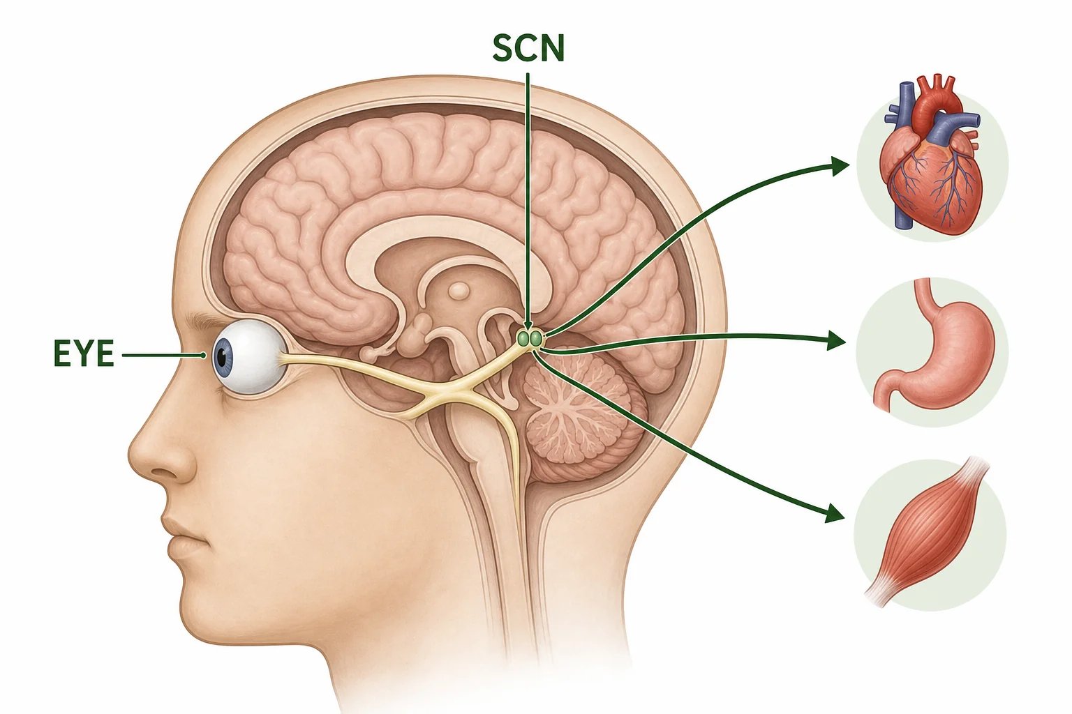 Brain diagram locating the suprachiasmatic nucleus above the optic nerve crossing and showing signals going to body organs