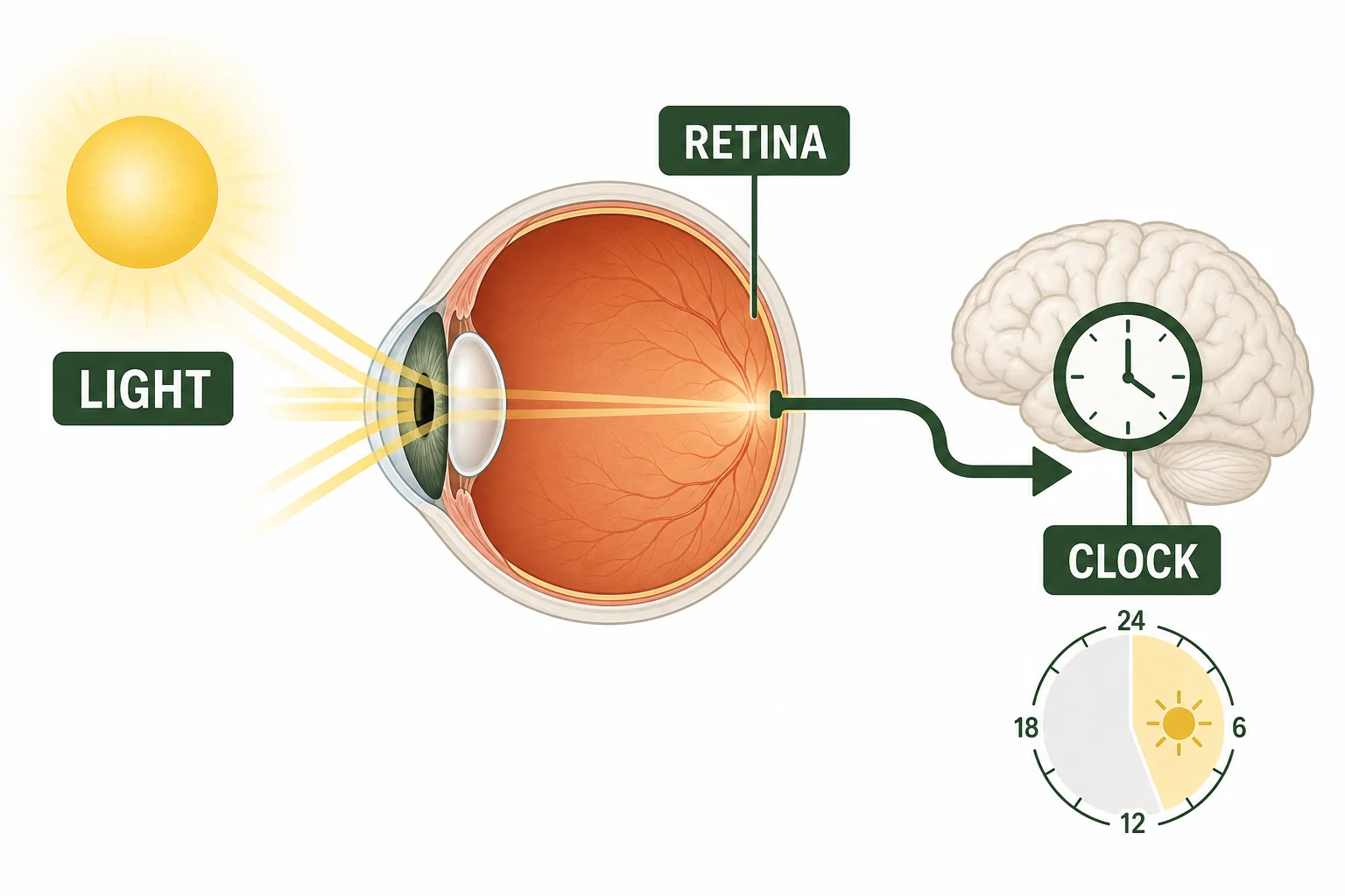 Diagram showing morning light entering the eye and a signal pathway from the retina to the brain clock