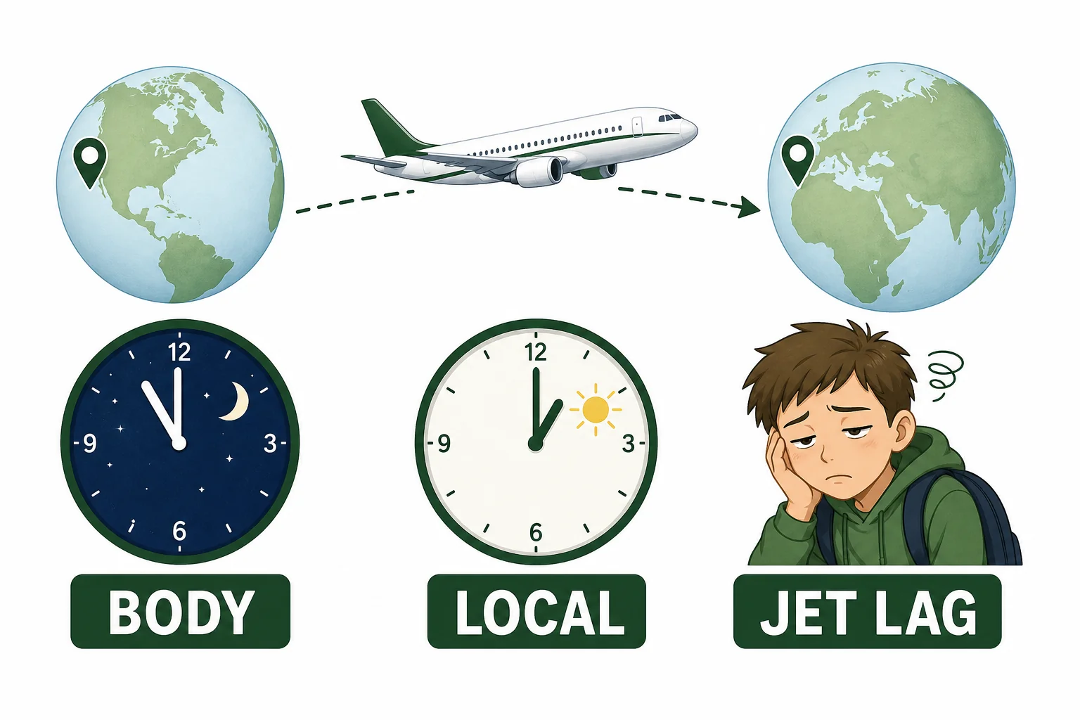 Comparison of home time and destination time showing a body clock still aligned with the old time after travel