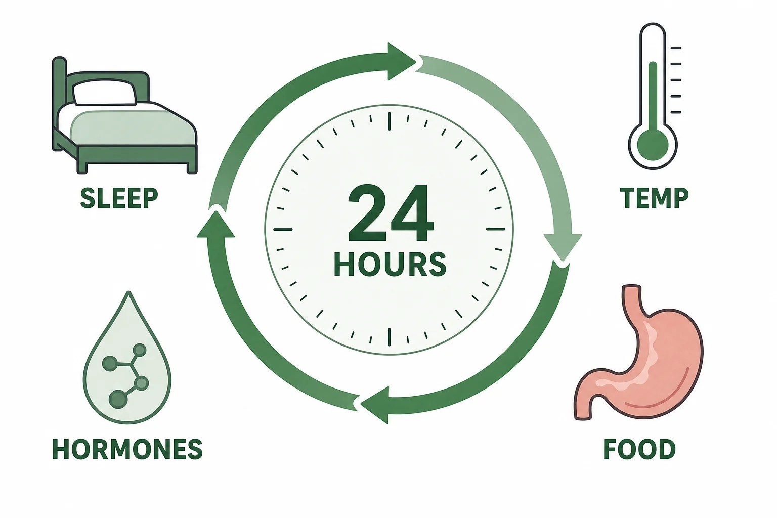 Circular diagram showing a 24 hour rhythm linked to sleep, temperature, digestion, and hormone timing