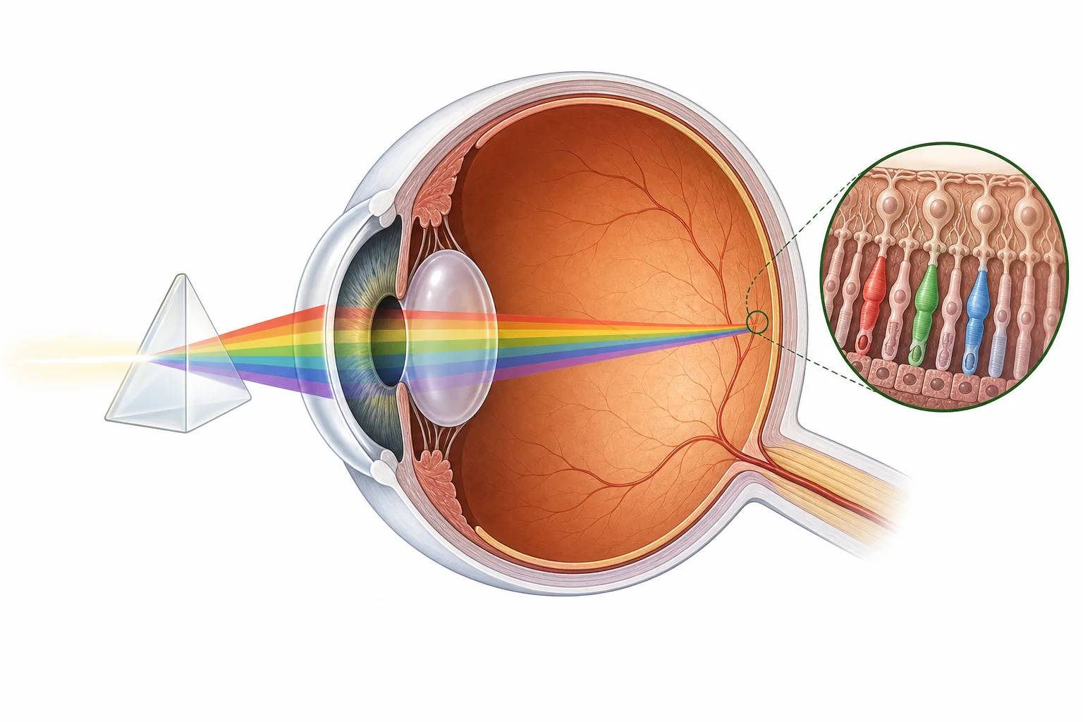 Diagram showing visible light entering an eye, reaching the retina, and being processed by the brain as color